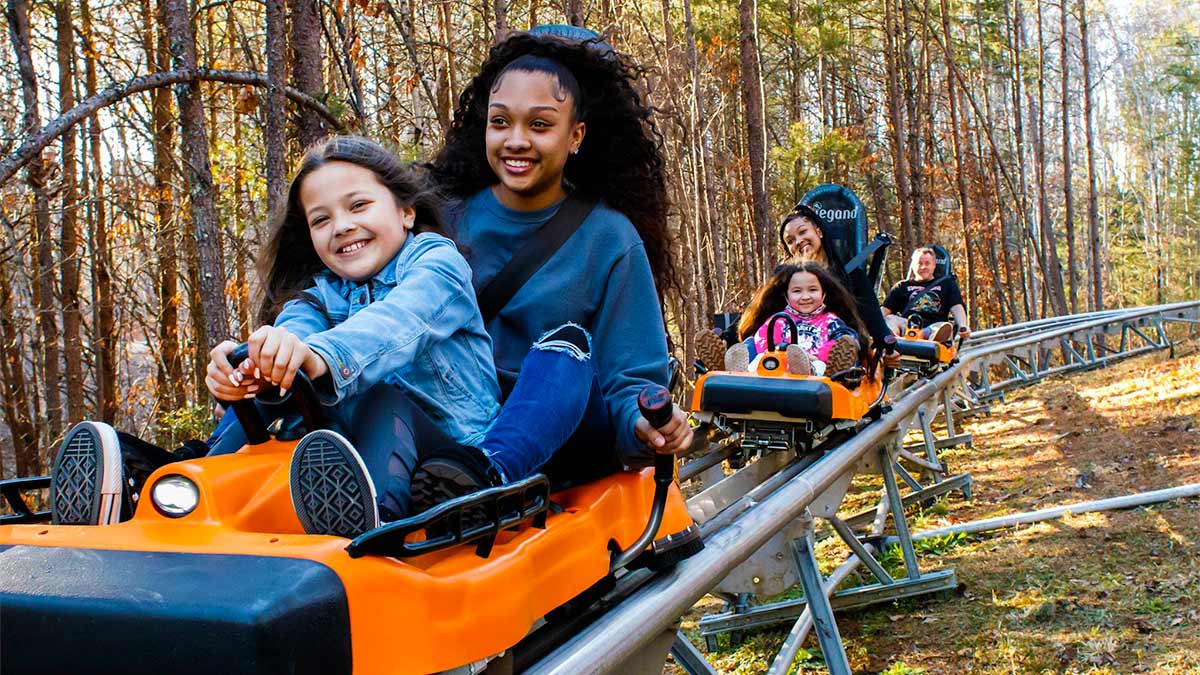 a photo of a girl enjoying riding a mountain coaster.